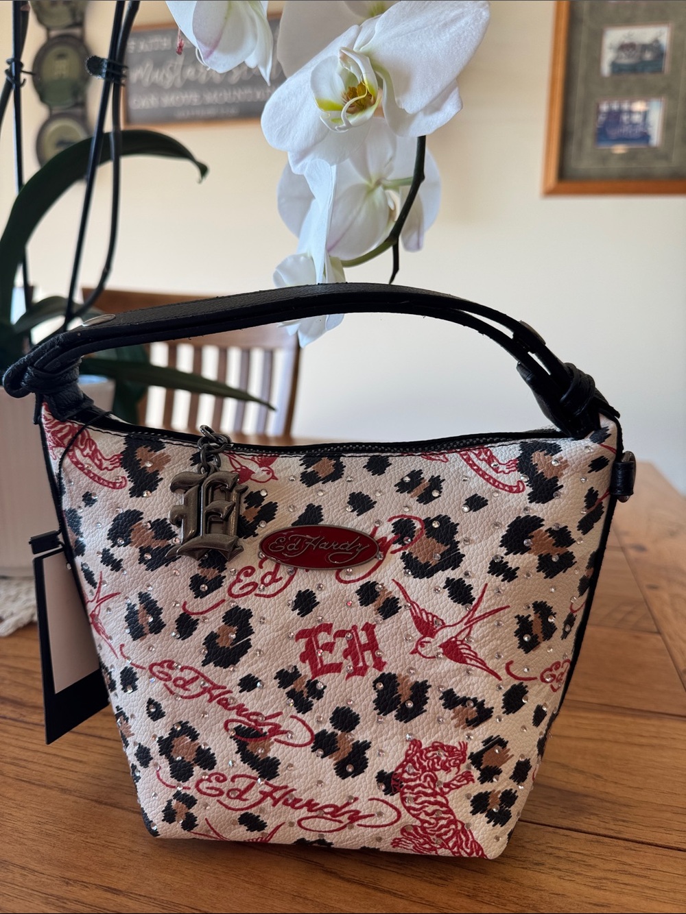 Ed Hardy Cream Leopard Mini Tote with Red Accents and Black Handle